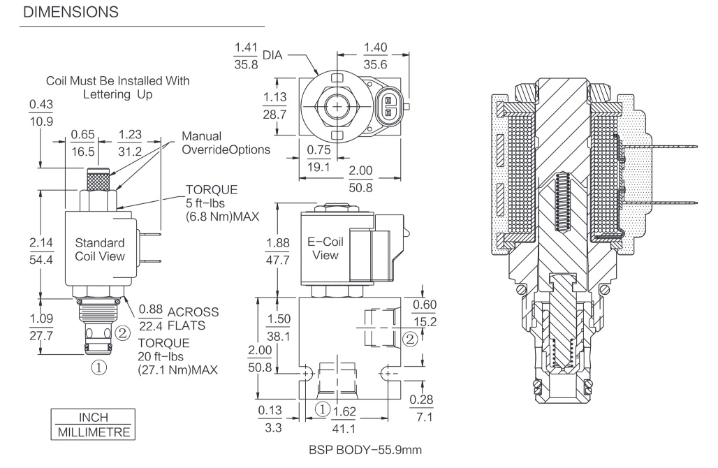 INSV08-20 dimensions drawing for screw-in solenoid cartridge valve