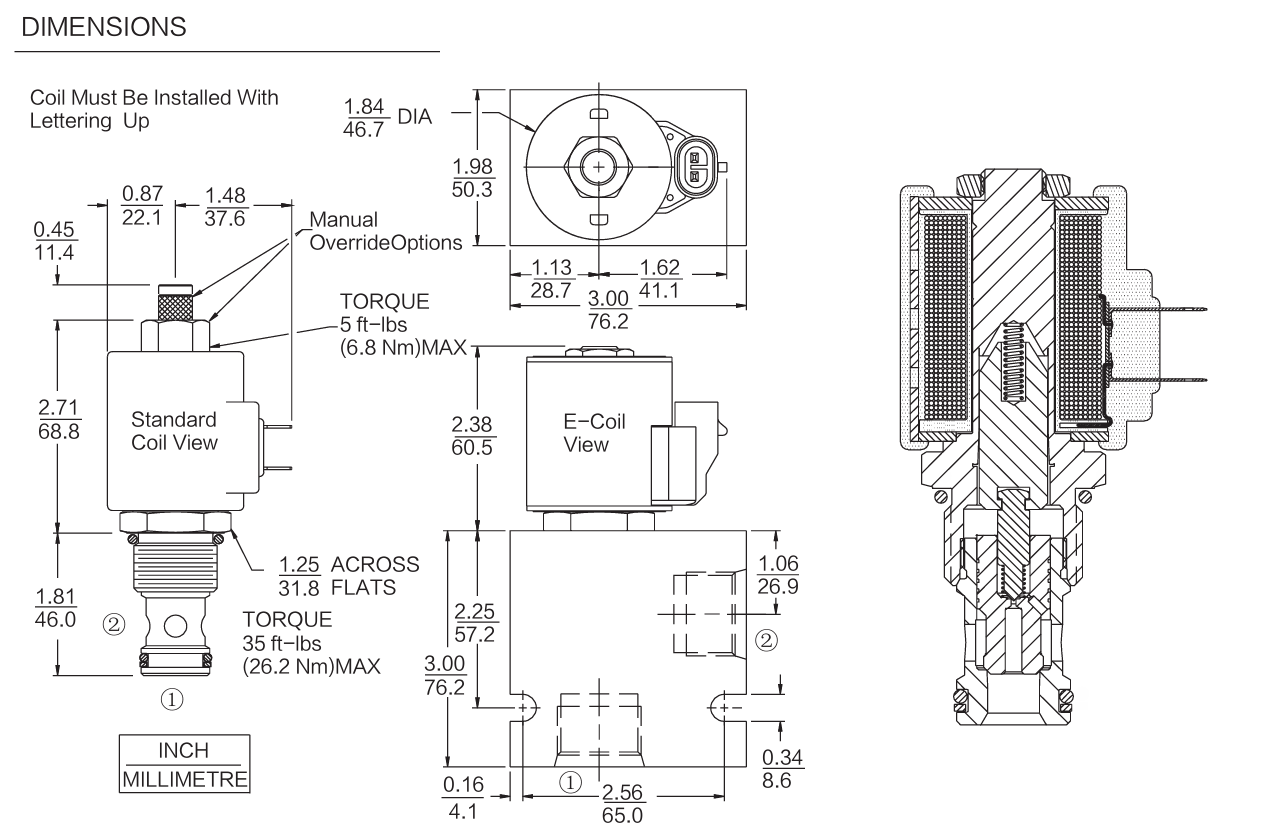 INSV12-20 dimensions drawing for screw-in solenoid cartridge valve
